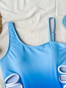 SHEIN Traje de baño de una pieza con corte en la cintura y degradado de color para niña preadolescente - Azul y blanco - Ver 4