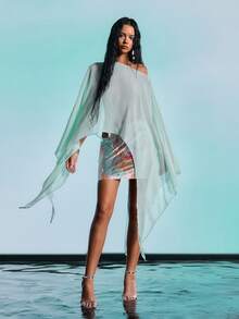 Barévion Blusa holgada de mujer estilo minimalista de unicolor con mangas de murciélago para primavera/verano y vacaciones en la playa - verde menta - Ver 9