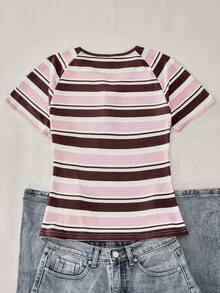 SHEIN Teen Girl Striped Patchwork Casual Versatile Daily Outing Short Sleeve T-Shirt - Pink - View 7