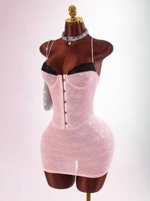 Amplova Lace Patchwork Sleeveless Spaghetti Strap Backless Bodycon Bandage Mini Dress For Women - Pink - View 13