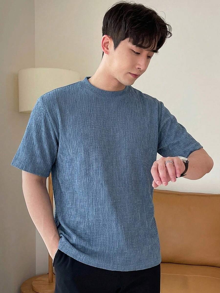 DAZY 男士短袖藍色紋理布料夏季T恤 - 藍色 - 查看 1