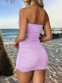 INAWLY Solva Setelan Seksi 2 Potong Wanita Musim Panas Terbaru: Atasan Tanpa Tali dengan Hem Asimetris dan Rok dengan Hem Berkerut - Mauve Purple - View 2