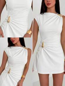 Aloruh Metal Decor Ruched Sleeveless Fashion Mini Dress - White - View 3
