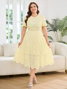 Reflora Plus Size Women's Dresses, Elegant, Romantic, Short Sleeve, Mid-Length, Spring & Summer - Yellow - View 3