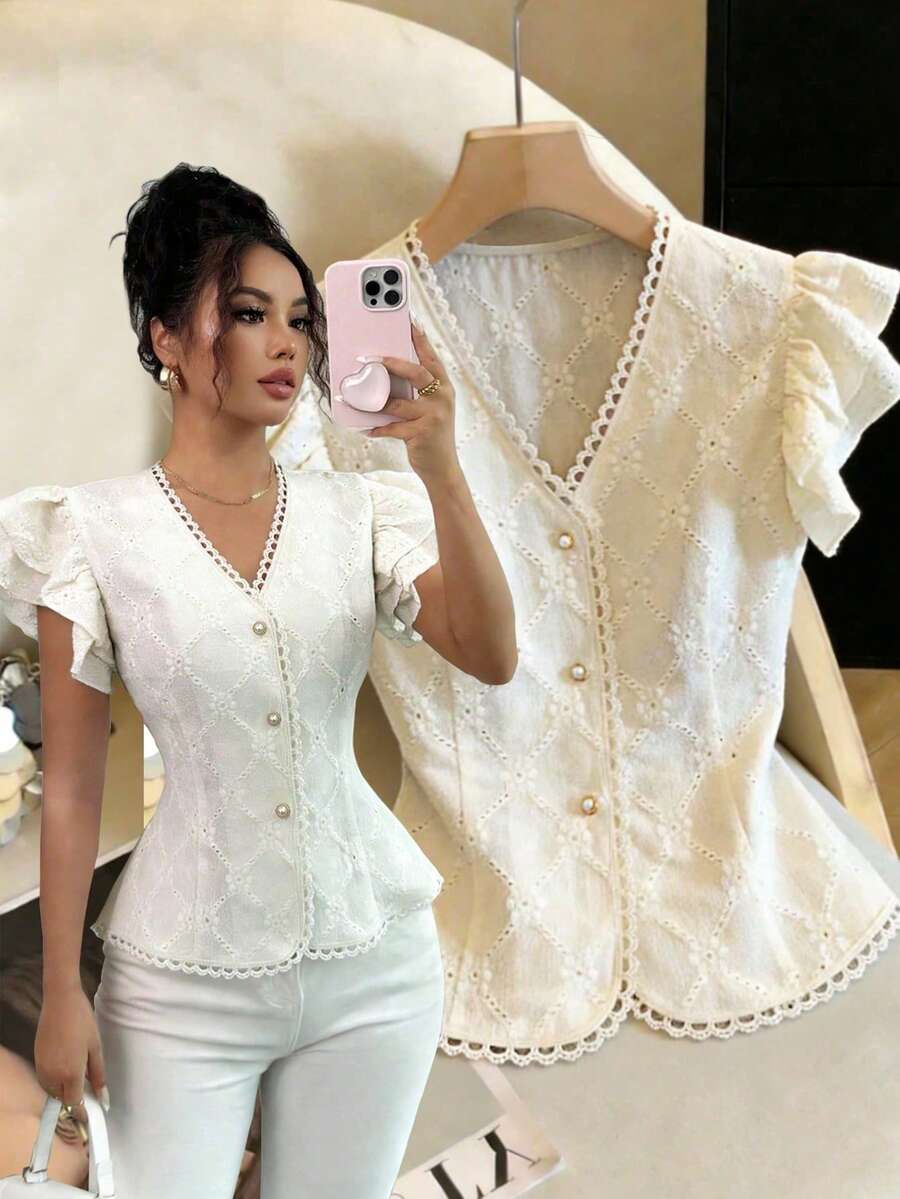 Elenzga 新款杏色春夏法式优雅青春时尚花卉纹理提花设计蕾丝领珍珠纽扣修身收腰开襟双层荷叶袖休闲度假日常女式T恤 - 杏色 - 查看 1