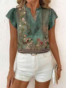 SHEIN Clasi Women's Green Floral,Summer,Boho,Holiday,Tea Party,Holiday V-Neck Flutter Sleeve Loose Fit Shirt,Retro Distressed Dark Green Print Pattern Formal Blouse - Multicolor - View 3