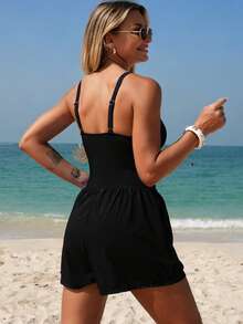 Swim Lushoire Women's Summer Vacation Beach Casual Solid Color Adjustable Strap Metal Buckle V-Neck Criss-Cross Tummy Slimming Pleated Waist Pocket Loose Shorts One-Piece Swimsuit - Black - View 2