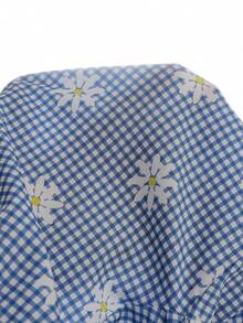 SHEIN Vintaside Kids 幼女雛菊印花格紋2件套套裝，可愛藍色格紋荷葉邊露肩上衣 & 寬鬆長褲套組，夏季休閒透氣兩件式女嬰服裝 1-6歲 - 藍色 - 查看 10