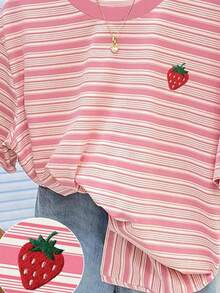 Tween Girl Cute Strawberry Print Retro Pink And White Striped T-Shirt,Summer Casual Round Neck Short Sleeve Top,Fashionable School Style Daily Wear - Multicolor - View 4