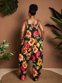 Maweii Plus Size Women's Black Summer Boho Beach Holiday Casual Jumpsuit, Printed Sleeveless Loose Harem Pocket, Adjustable Shoulder Straps Asymmetric Jumpsuit - Multicolor - View 3