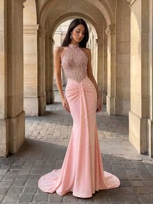 Firerie Elegant, Glamorous, And A Mermaid Skirt With Flowing Ribbons.. Party. Pink Dress For Wedding Season And Back-To-School Season - Pink - View 4