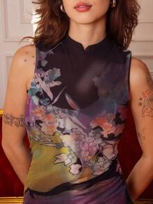 Ananda Vibes Women's Elegant Floral Print Sleeveless Dress, Summer - Black - View 5