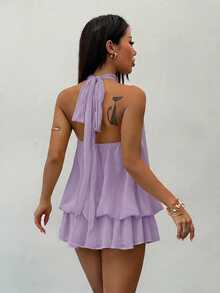 SHEIN PETITE Đầm mini không tay thắt nơ cổ thanh lịch màu vàng nhạt, phù hợp cho tiệc, hẹn hò, mùa thu/đông và xuân/hè - Bụi tím - Xem 2