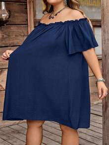 SHEIN CURVE+ Curve Size US22Music Festival, Seaside Vacation, Bohemia Women's Summer Fashion Casual Loose Comfortable Breathable Versatile Off-Shoulder Exposed Shoulder Black Mini Skirt, Suitable For Daily Wear, Vacation, Ibiza, European Summer, Afternoon Tea Party, Beach Outfit, Brunch, Etc. - Navy Blue - View 7