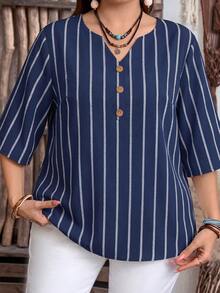 EMERY ROSE Casual Minimalist Navy Blue Nautical Rope Stripe Full Print V-Neck 3/4 Sleeve Blouse, Suitable For Spring And Summer - Multicolor - View 6