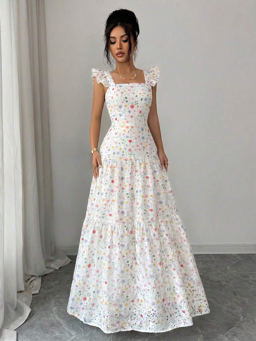 SHEIN Elenzya 女款春夏優雅碎花印花荷葉邊肩帶A字長洋裝,適合野餐、情人節約會、海灘聚會、旅行度假 - Pearl White - 查看 1