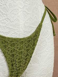 Bellisia Nuevo Conjunto de Bikini de 3 Piezas Primavera Verano Verde Mostaza con Cuello Drapeado, Tela Texturizada Semitransparente, Estilo de Influencer de Moda, Ropa de Playa para Vacaciones de Playa para Mujer - Verde - Ver 14