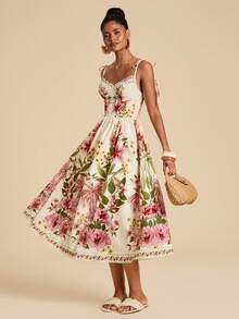 Travachic Women's Floral Print Contrast Lace Elegant Midi Strap Dress - Multicolor - View 6