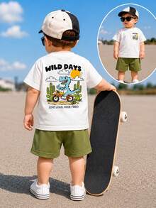 SHEIN Conjunto de 2 piezas de camiseta de punto de cuello redondo con estampado de dinosaurio blanco y pantalones cortos para bebé recién nacido niño de 6 meses a 3 años, ropa casual de verano para playa y deportes - Multicolor - Ver 6