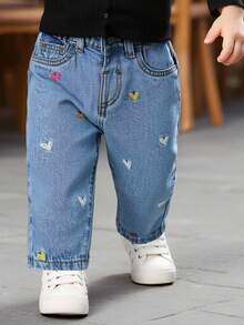SHEIN LMoss Kids 女嬰彩色愛心刺繡圖案藍色牛仔寬鬆錐形長褲 - 淺色水洗藍 - 查看 2