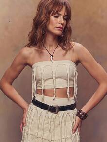 Fembélia Women's Solid Color Fashion Versatile Date & Outing Tube Top - Apricot - View 3