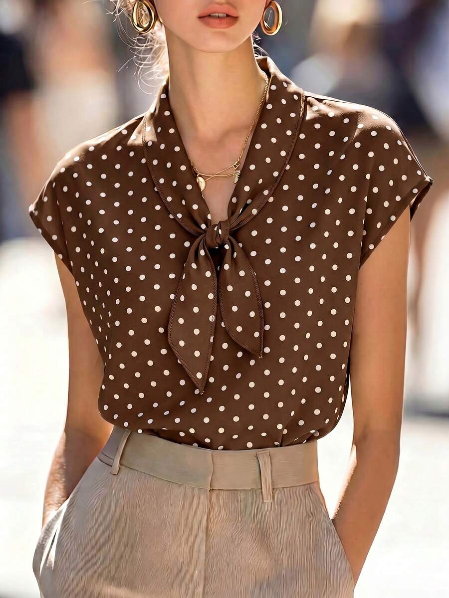 SHEIN 春夏法式蝴蝶結設計圓點女款襯衫