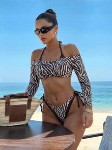 Bonvoyette 女款新款黑白配色拼色3件套，時尚性感海灘度假休閒3件式泳衣套裝 - 棕色 - 查看 1