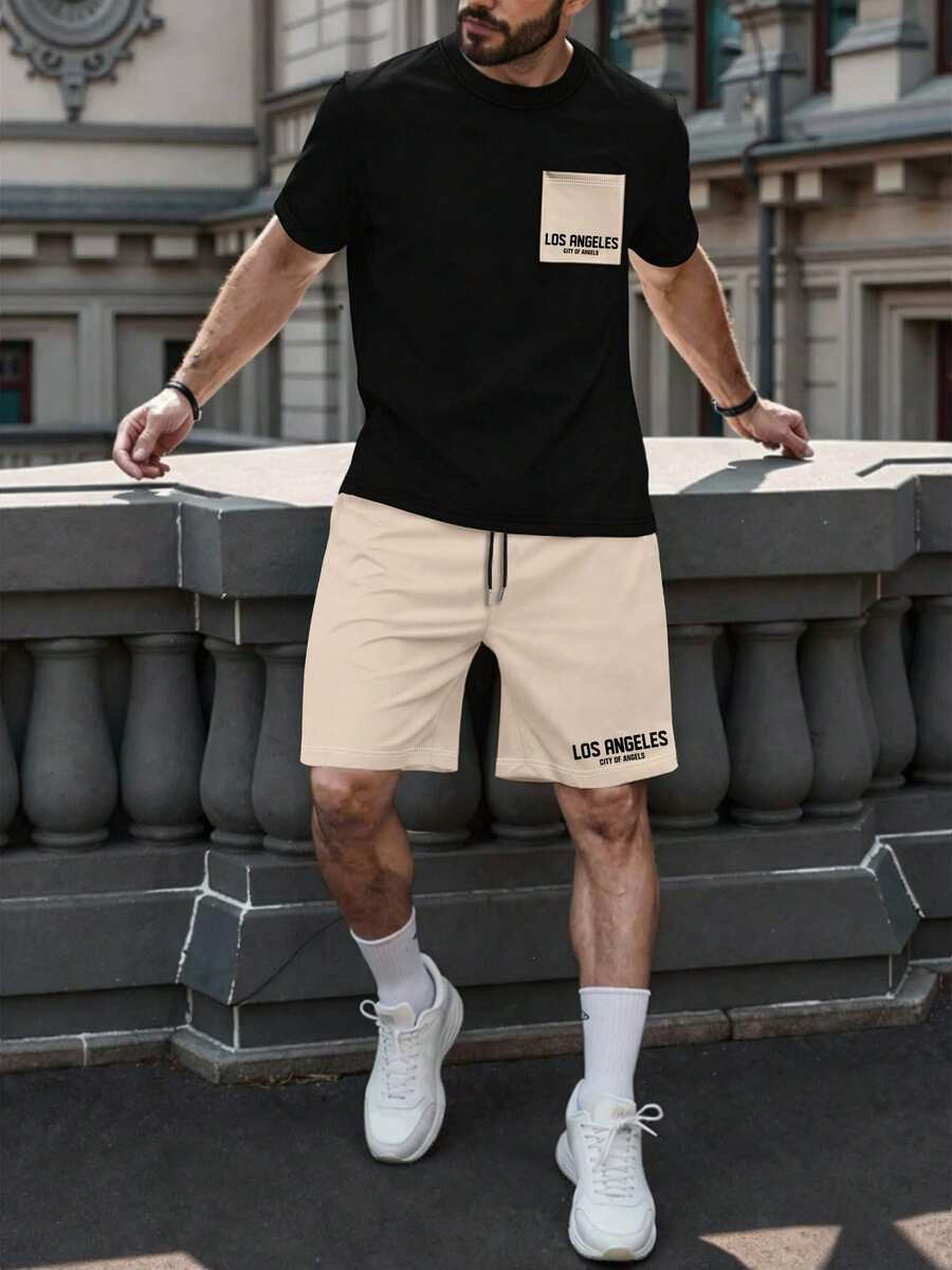Manfinity Homme Men's Plus Size Letter Print Pocket Short Sleeve T-Shirt And Drawstring Waist Shorts Casual Set - Black - View 1