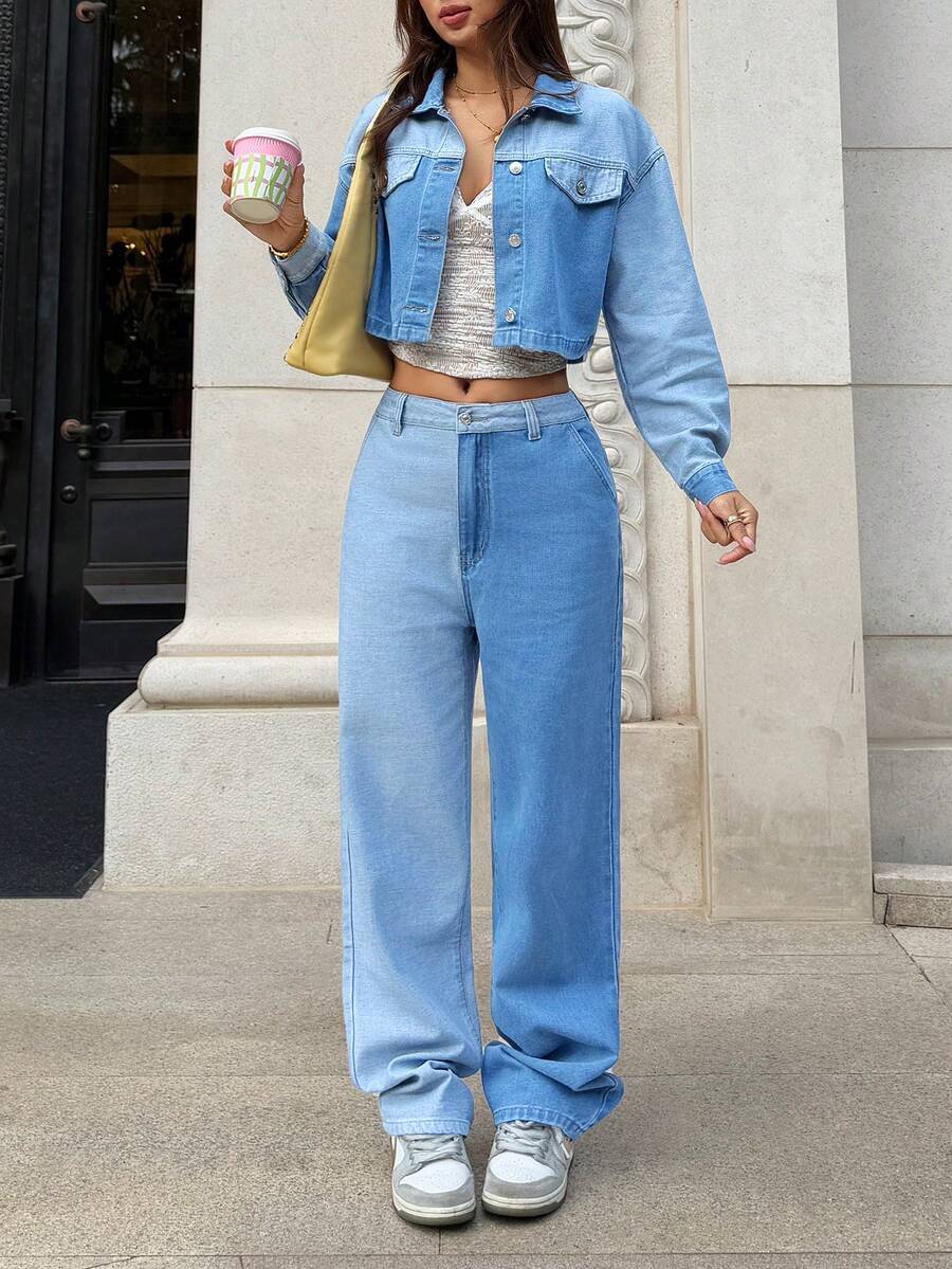 Rivivi Setelan Denim Biru Muda Wanita Gaya Jalanan Luar Ruangan Warna Blok dengan Banyak Saku dan Kancing, Cocok untuk Semua Musim - Medium Wash - View 1