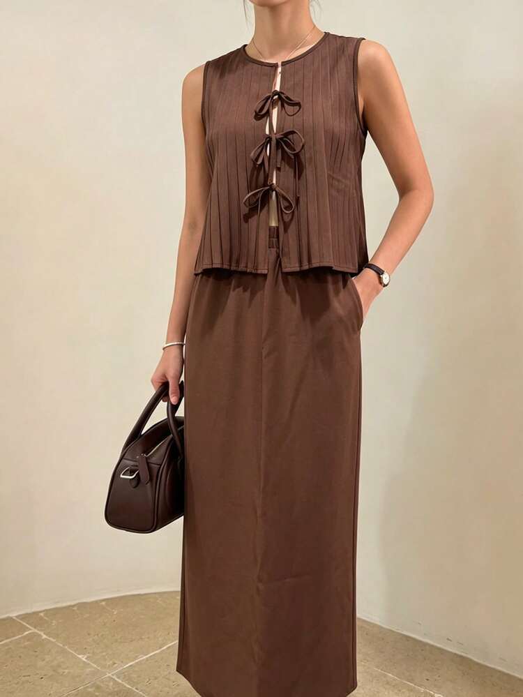 Women's Casual Pleated Front Tie Top And Skirt 2 Pieces Set, Summer Lounge Sets For Women Business Casual Woman