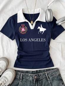 Attitoon Women's Letter Print Collar Short Sleeve T-Shirt - Multicolor - View 6