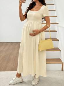 SHEIN Đầm bầu mùa hè mặc thường ngày đi du lịch màu trơn cổ vuông thắt eo - Màu be - Xem 10