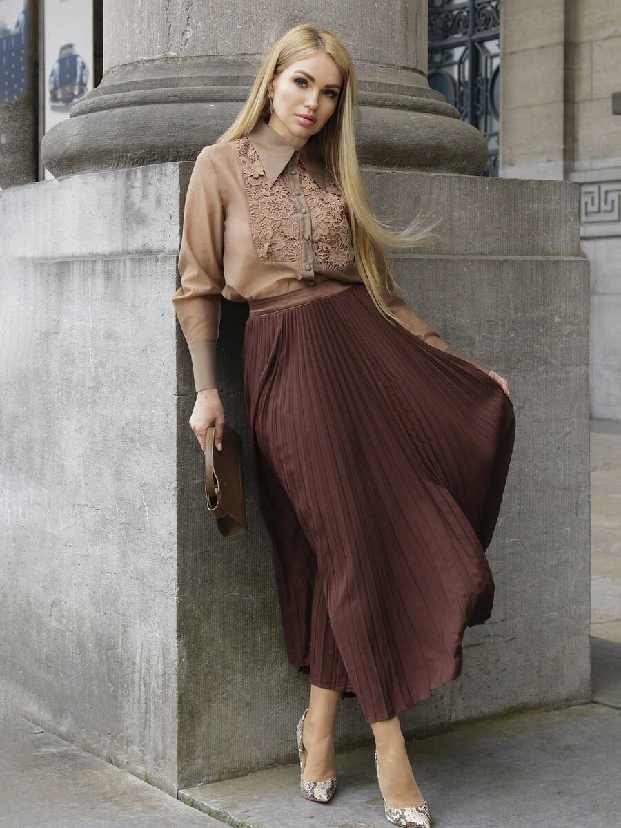 Elenary Edit Rok Lipit Model A-Line Gaya Urban, Rok Maxi Minimalis untuk Pakaian Kasual Sehari-hari - Coffee Brown - View 1