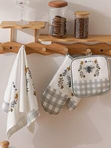 3pcs/Set Bee Print Oven Mitt & Pot Holder & Hand Towel, Oven Mitts Linen Set For Home - Multicolor - View 4
