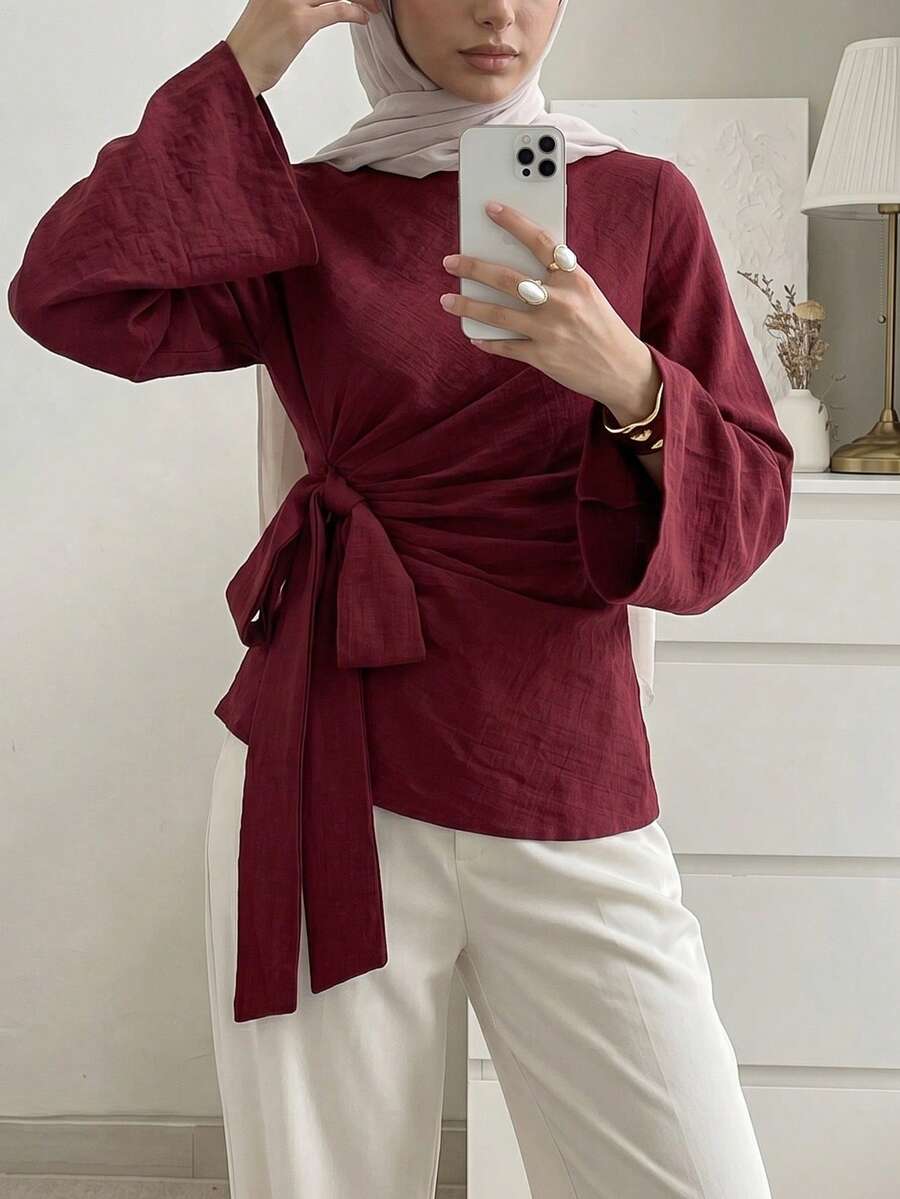 Solavon 女士时尚百搭纹理褶皱系带袖口长袖衬衫 - 酒紅色 - 查看 1