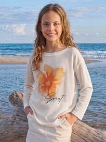 DAZY Oversized Tween Girl Asymmetric Neck Floral Print Loose T-Shirt - White - View 3