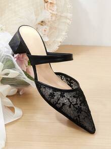CUCCOO HITCHD Black Lace Pointed Mullers, See-Through Mesh Thick Heel Slippers, Workplace Dating Party Slim Heels - Black - View 13