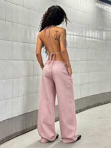 StreetHx 2件組女款休閒性感純色上衣與長褲套裝 白色夏季度假風 - 粉色 - 查看 2