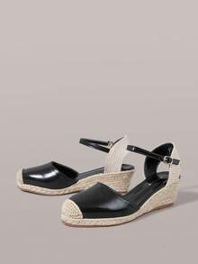 Styleloop Ladies Bag Hemp Rope Black Ankle Strap Heel Platform Shoes Elegant Vacation Style Comfortable Casual Beach Style Bohemian Empty Shoes Sandals - Black - View 2