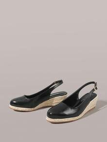 Styleloop Ladies Hemp Rope Black Back Lift With Wedge Heel Platform Shoes Elegant And Comfortable Casual Beach Wind Bottom Bohemian Rear Simple Empty Shoes - Black - View 2