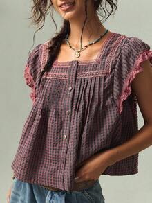 SoleilVie New Retro Plaid Square Neck Short Cap Sleeve Blouse, Suitable For Spring/Summer Pastoral Picnic And Vintage Market Strolling - Red Violet - View 3
