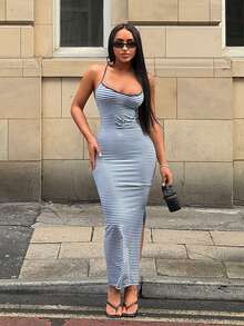 SHEIN SXY Đầm bodycon trơn hở lưng đan chéo, đầm dài mùa hè đi concert, đầm dạ hội coquette, đầm sexy cho ngày Valentine - Nhiều màu - Xem 6