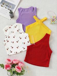 4pcs Young Girl Solid Color Heart Pattern Knit Vest Set - Multicolor - View 2