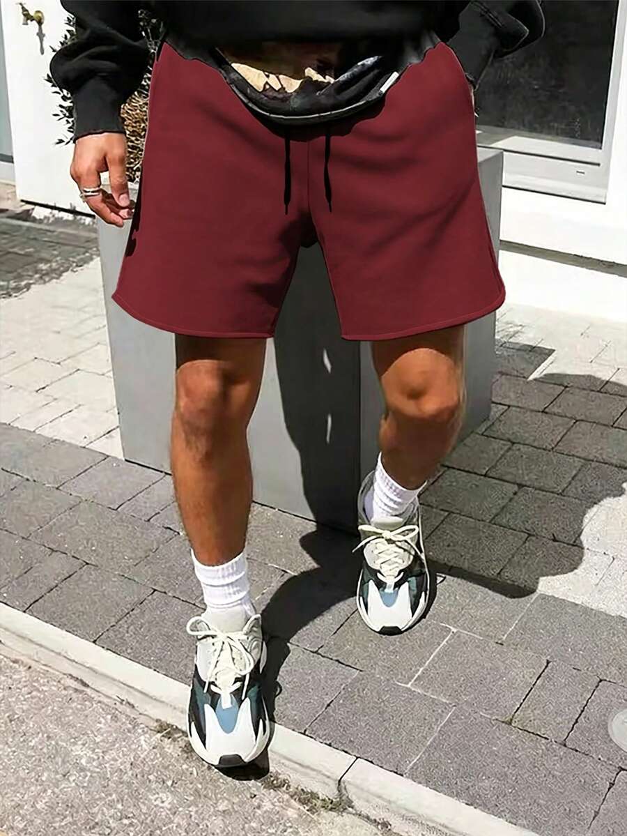 Manfinity EMRG Pantalones cortos casuales de verano para hombres de unicolor con cordón en la cintura - Burdeos - Ver 1