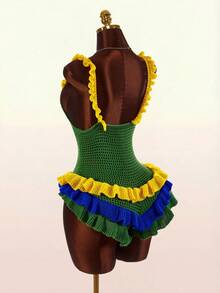 Amplova Women's Knitted Jumpsuit With Ruffle Hem, Twist Strap, Sexy & Avant-Garde, Suitable For Holiday Outfits, World Cup Inspired Colorblock Design - Yellow - View 3
