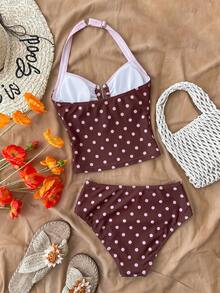 SHEIN Áo tankini cổ yếm sọc đen trắng vân nổi cho thiếu nữ, phù hợp bơi lội, đi nghỉ mát, mặc đi biển, bộ đồ bơi trẻ em, kỳ nghỉ hè - Nhiều màu - Xem 2