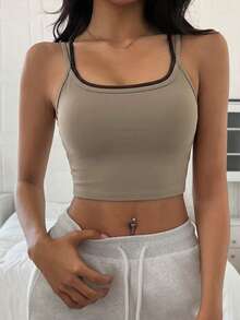 DAZY Contrast Color Straps Cropped Sports Bra With Light Padding For Women - Khaki - View 3