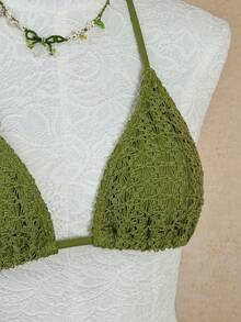 Bellisia Nuevo Conjunto de Bikini de 3 Piezas Primavera Verano Verde Mostaza con Cuello Drapeado, Tela Texturizada Semitransparente, Estilo de Influencer de Moda, Ropa de Playa para Vacaciones de Playa para Mujer - Verde - Ver 13