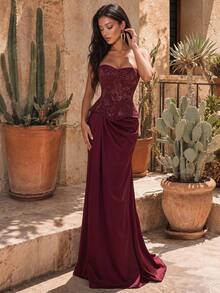 Glamrae Elegant Luxurious Jacquard Satin Patchwork Strapless Fishtail Dress With Ruched Sleeves,Suitable For Weddings,Parties,Balls And Formal Events - Burgundy - View 2