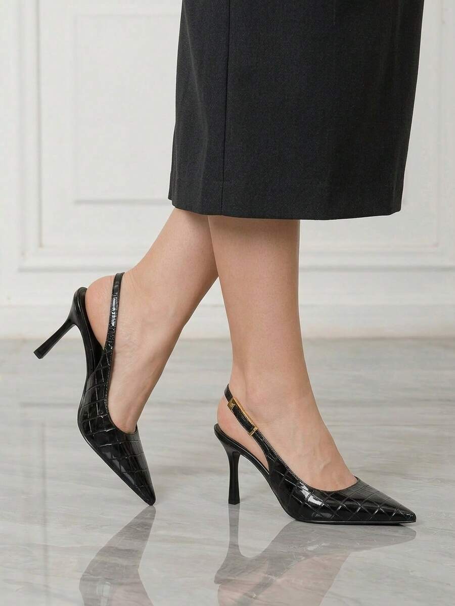 Sleekvia Sepatu hak tinggi tipis runcing terbaru untuk wanita, bahan PU mengkilap, gesper berlian imitasi logam, simpel dan elegan untuk dipakai sehari-hari, hak runcing dengan tali di bagian belakang. - biru tua - View 1